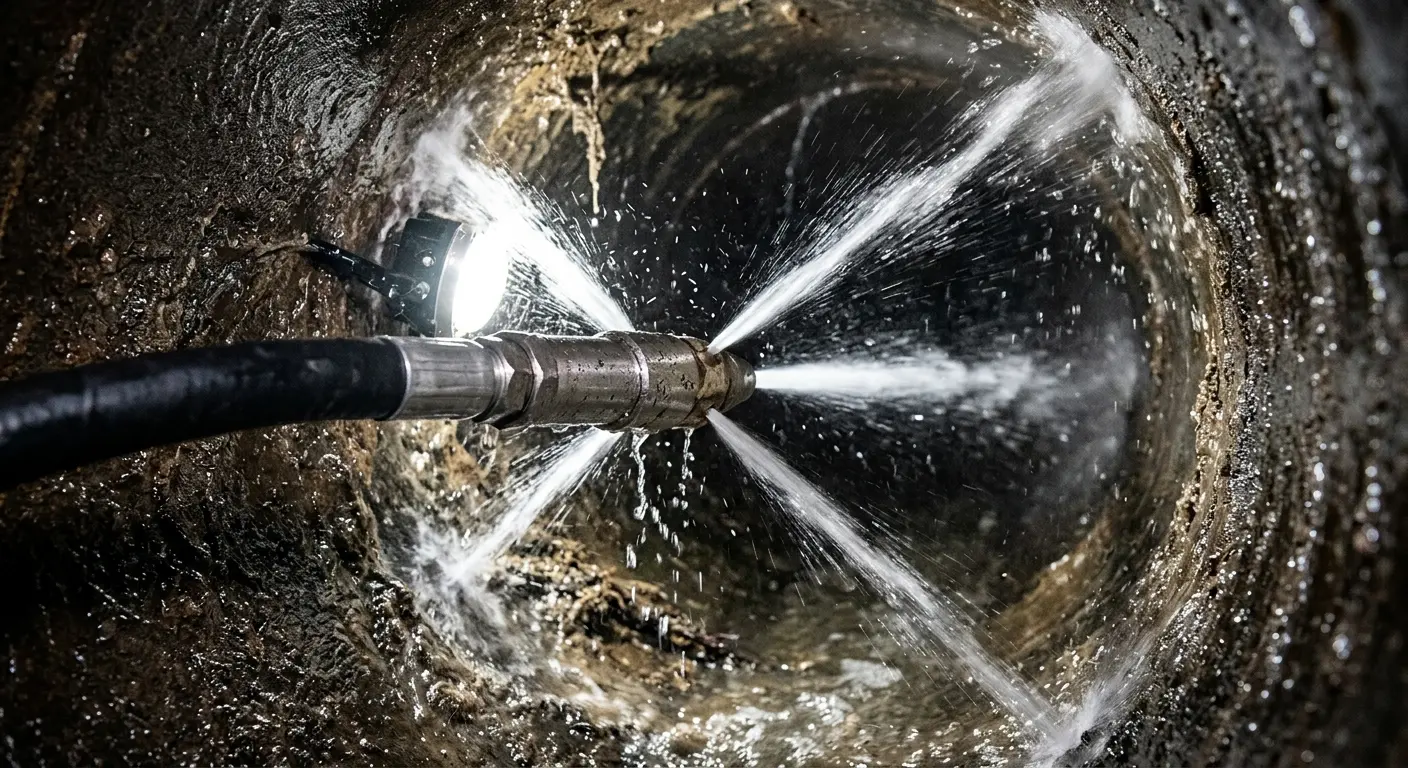 High-pressure hydro jetting nozzle cleaning sewer pipe for Trenchless Sewer Repair in Mauldin