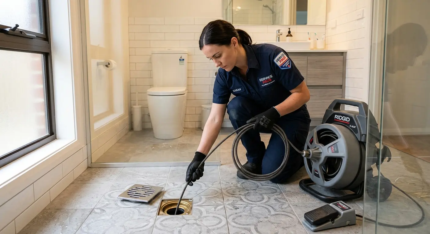 Technician clearing a bathroom floor drain for Sewer Line Replacement in Mauldin
